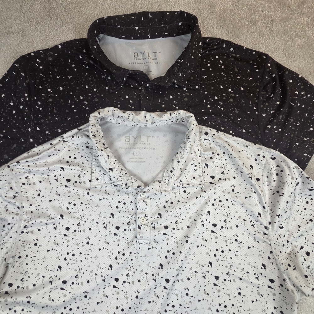 BYLT Premium Basics Mens Performance Polo Shirts Lot Large Black White Speckle